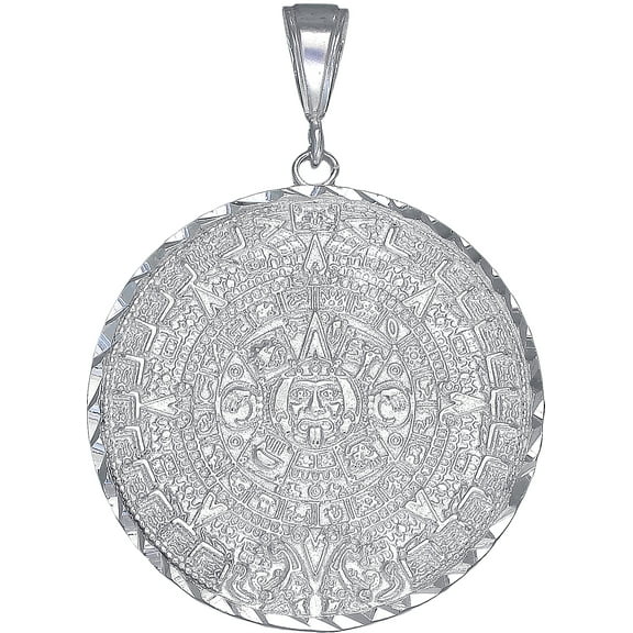 Sterling Silver Aztec Calendar Mayan Sun Charm Pendant Necklace with Diamond Cut Finish and 24 Inch Figaro Chain