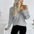 thumbnail image 3 of Women's Scoop V Neck Sweaters Solid Color Long Sleeve Lightweight Knitted Pullovers Casual Loose Fit Outfits Clothes, 3 of 4