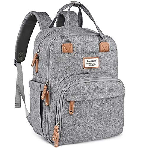 Bolso-Mochila p/ Pañales, RUVALINO Bolsa de Viaje Multifunción p/ Cambiar Bebés, Capacidad Gran, Impermeable, Elegante, Gris
