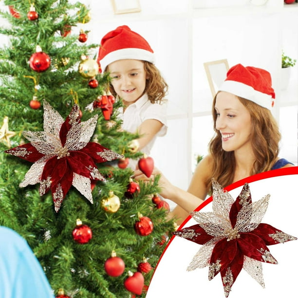 Seyotauo Christmas Glitter Flower Christmas Tree Decor Artificial Poinsettia Flower Velvet Magnolia s Floral Picks for Christmas Tree Fireplace Xmas Wedding DIY Crafts Wreath Party Floral Decor