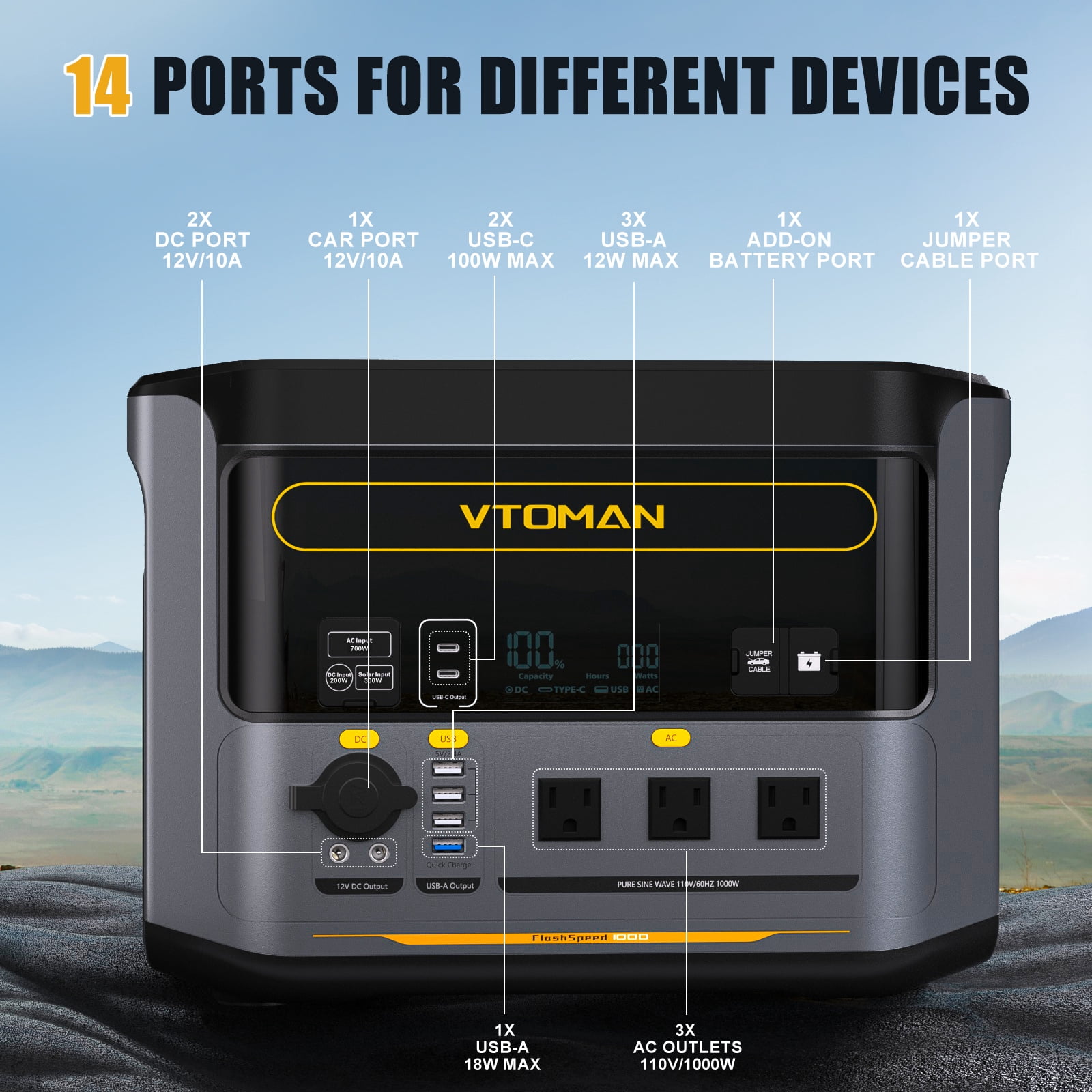 VTOMAN 1000W Portable Power Station with Extra Battery, 2376Wh UPS LiFePO4 Battery, Full Charge in 70MIN, 14 Output Ports for Jump Starter, Road Trip, Camping, Home Backup Power, Outage