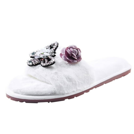 

slipper for Women Plush Shoes Flat Open Slip On Home Flowers Slippers Toe Warm Furry Keep Women Home Women s Slipper Flock Dress Sandals for Women White