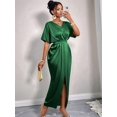 thumbnail image 5 of Women'S Satin Silky Long Sleeve V Neck Lace Up High Waist Side Split Maxi Dress Green L, 5 of 10