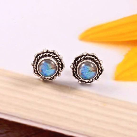 Labradorite Stud Earrings – 925 Sterling Silver Natural Labradorite Gemstone Studs for Women, Handmade Floral Boho Blue Flash Stone Jewelry Gift