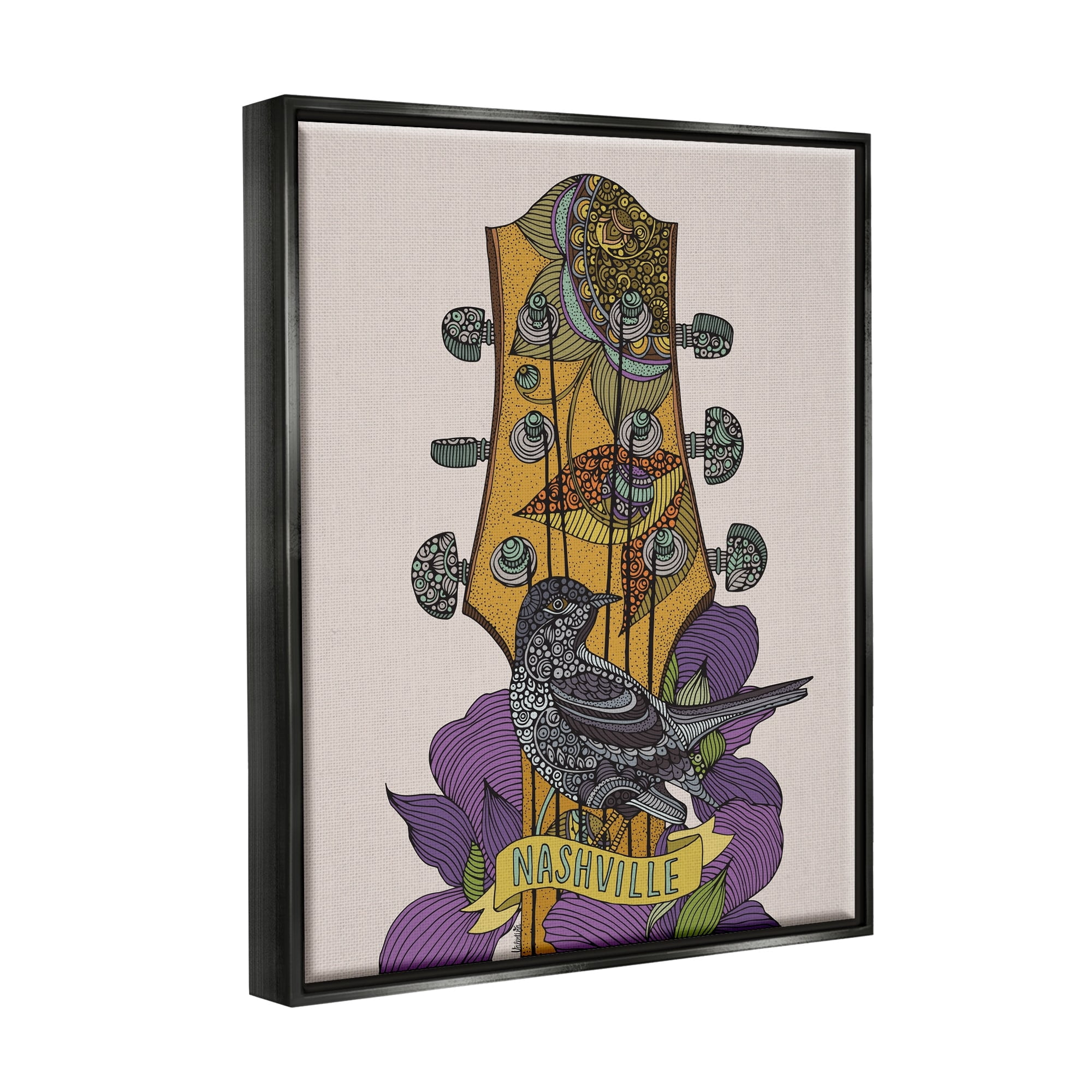 Stupell Industries Intricate Nashville Guitar Floral Patterned Bird Perched Graphic Art Jet Black Floating Framed Canvas Print Wall Art, Design by Valentina Harper