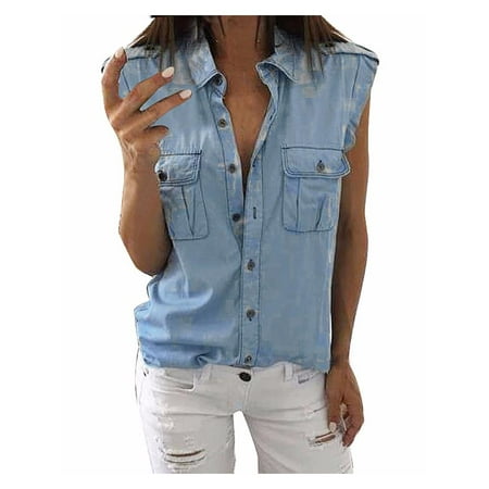 Womens Fashion Sexy Sleeveless Jeans Denim Blue Buttons Pockets Shirts