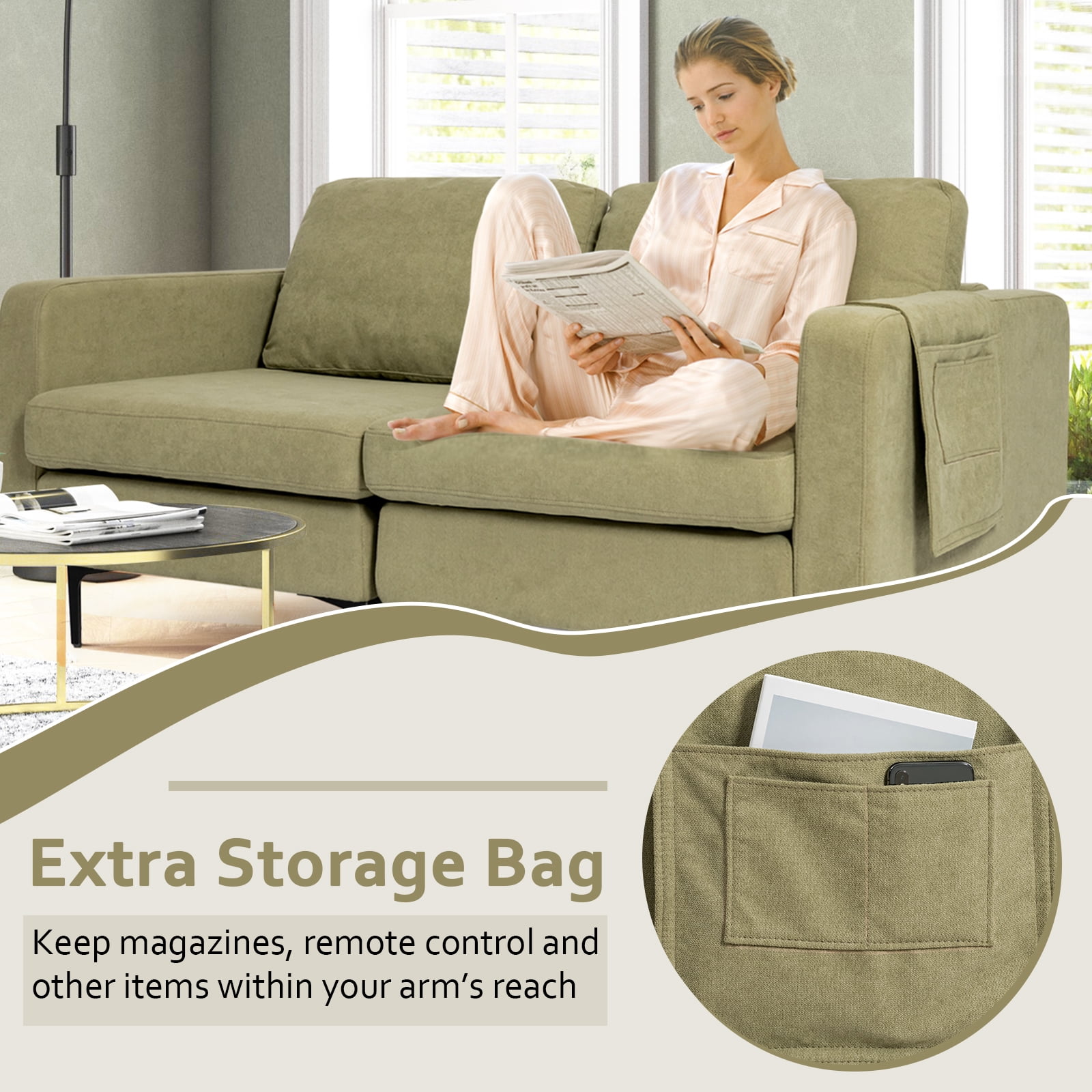 Costway Modern Loveseat Linen Fabric 2-Seat Sofa Couch w/ Side Storage Pocket Green