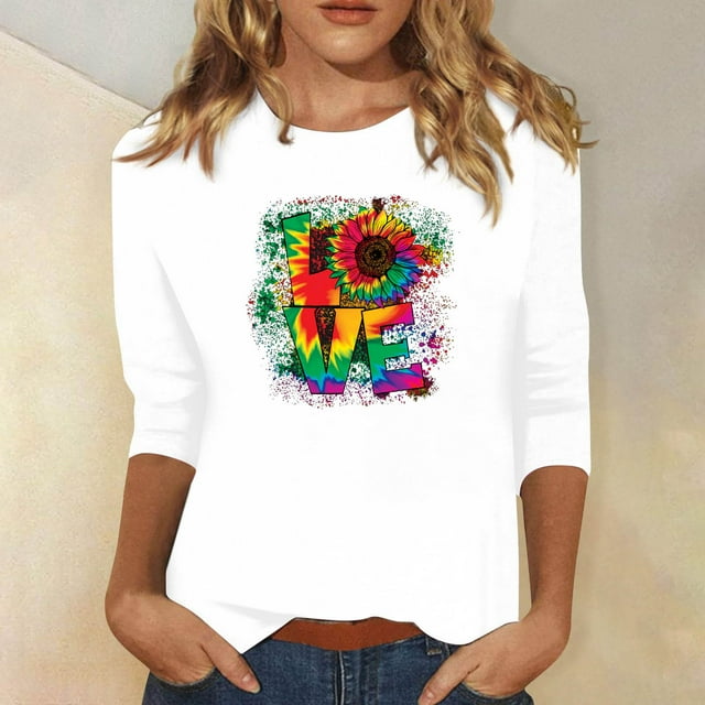 Qertyioot Cadeau pour Femmes Valentine, Mode Manches Trois-Quarts Col Rond Rétro Imprimé de Noël Haut Ample Blouse Manches Trois-Quarts