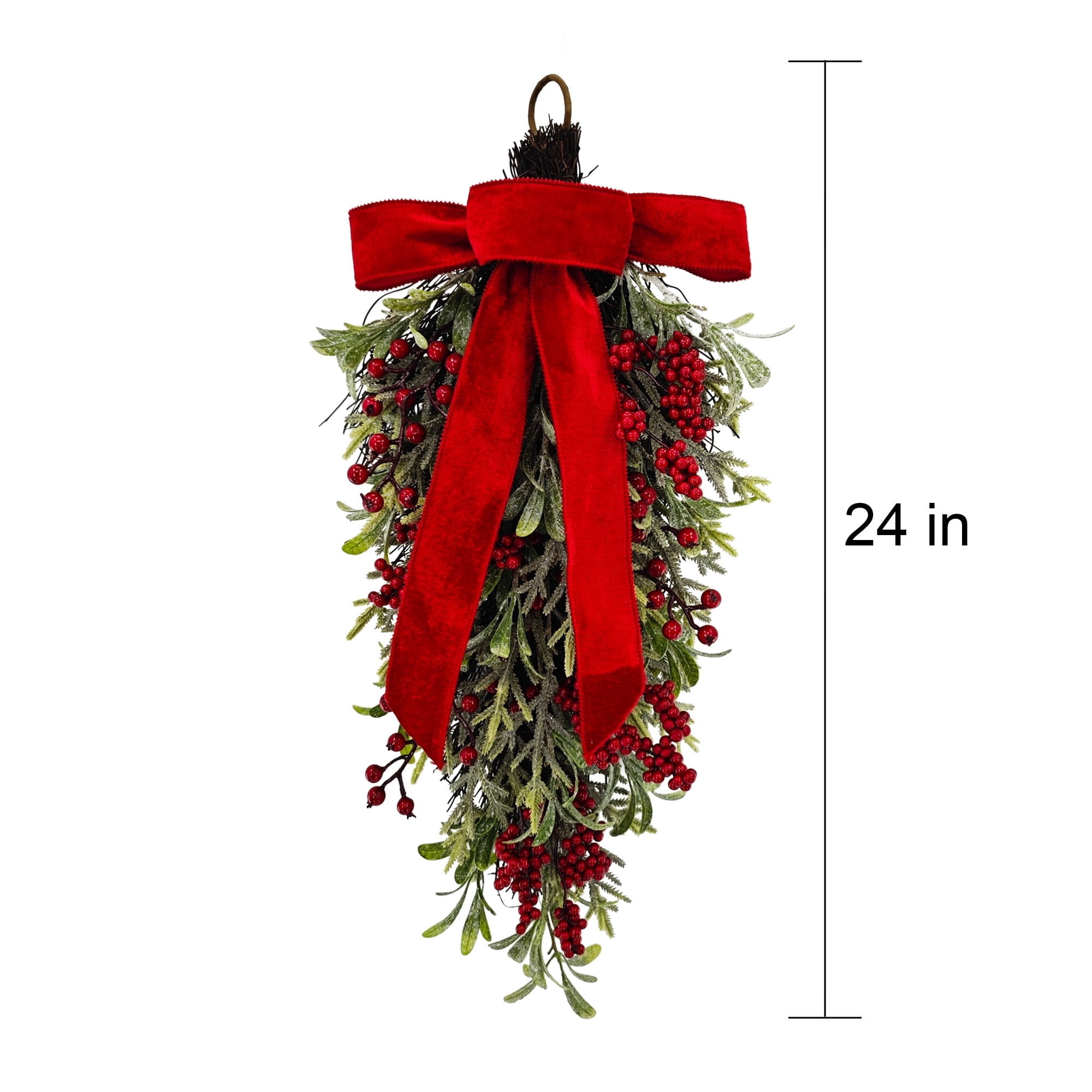 Frosted Greenery and Berry Artificial Christmas Swag with Velvet Bow, Green and Red, 24", by Holiday Time