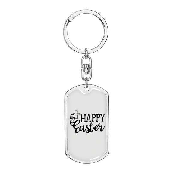 Happy Easter Cross Stainless Steel or 18k Gold Premium Swivel Dog Tag Keychain