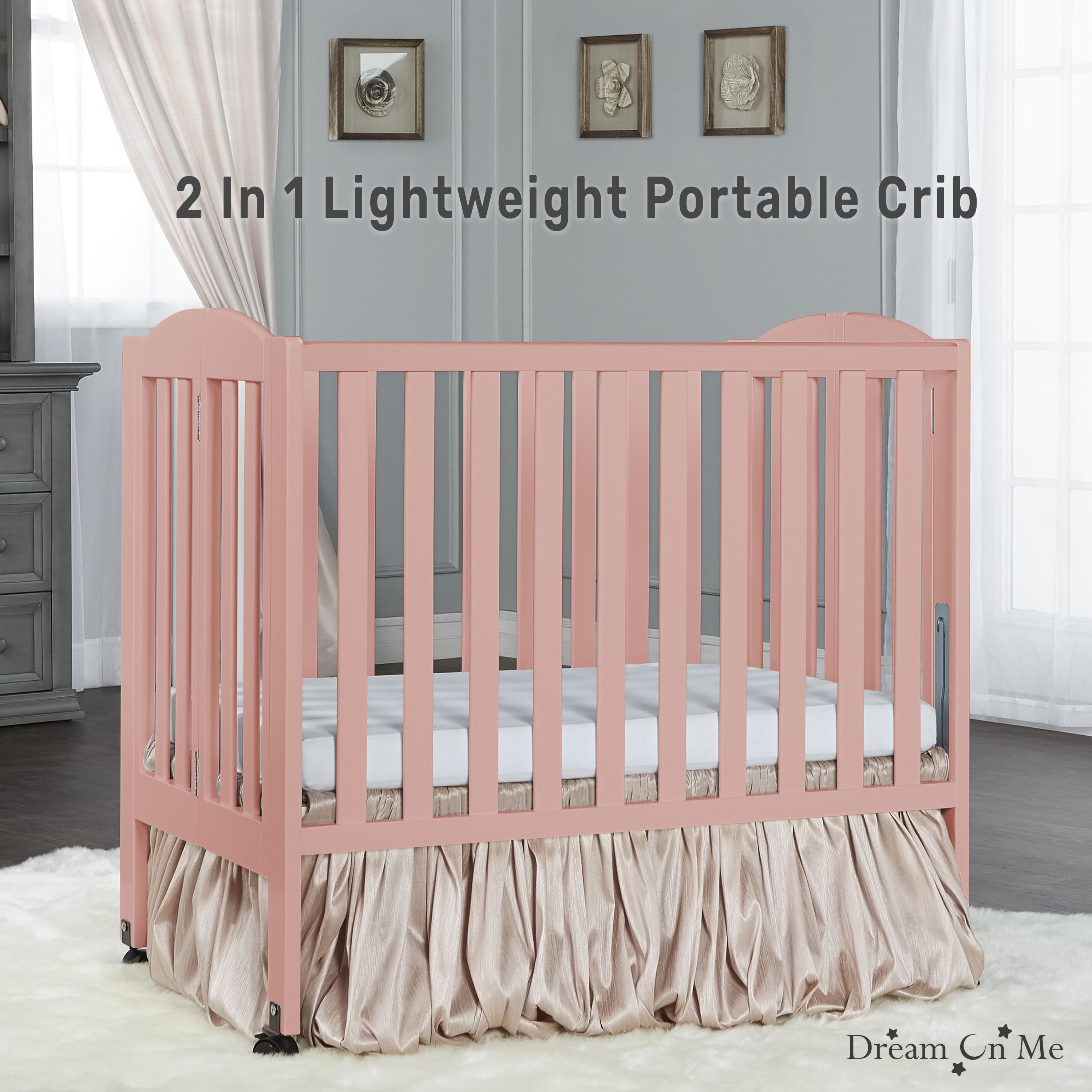 Dream On Me 2-in-1 Folding Portable Mini Crib in Dusty Pink, Mattress Pad Included, Easy to Fold and Store Baby Crib, Two Adjustable Mattress Height positions Convertible Crib