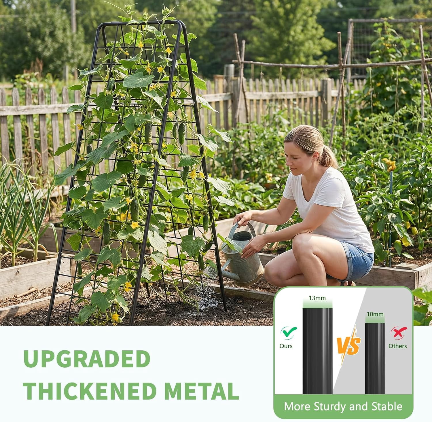 Cucumber Trellis, 59" H 2 Pack Metal Foldable Thickened A Frame Garden Trellis for Raised Bed Climbing Plants, Vegetables, Including Plant Support Clips, Twist Ties, Plastic Ties, Black