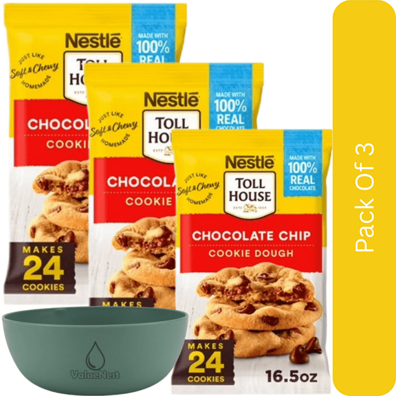 Nestle Toll House Ready to Bake Chocolate Chip Cookie Dough, Makes 24 Cookies, 16.5 oz-3pk, With Olive Green Bowl By ValueNest