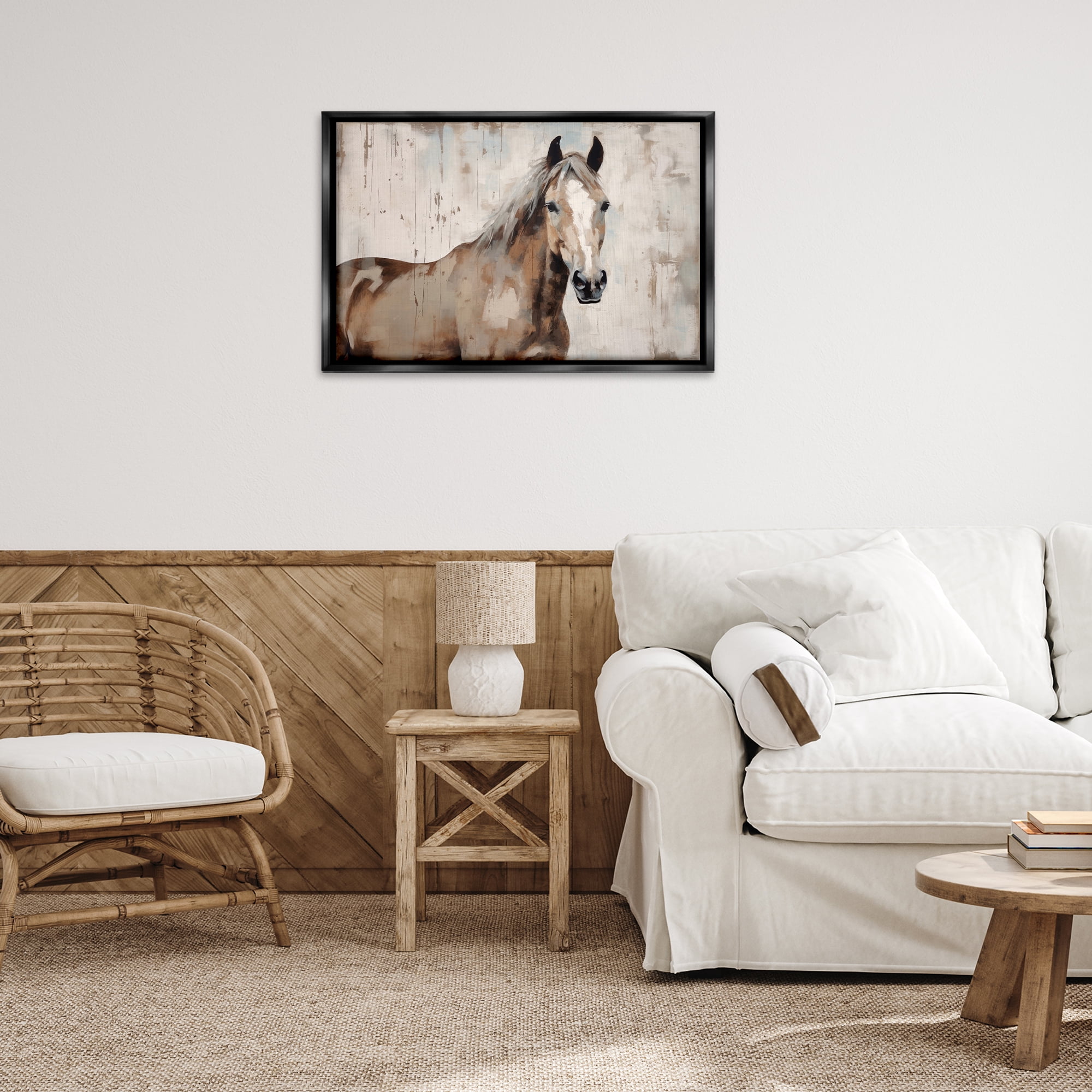 Stupell Industries Rustic Stoic Mare Animals Painting Black Floater Framed Canvas Art Print Wall Art, 31 x 21