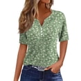 thumbnail image 3 of Floral Print Henley T-Shirt for Women, Short Sleeve V-Neck Button Top - Soft Summer Casual Tee with Slim Fit Green M, 3 of 8