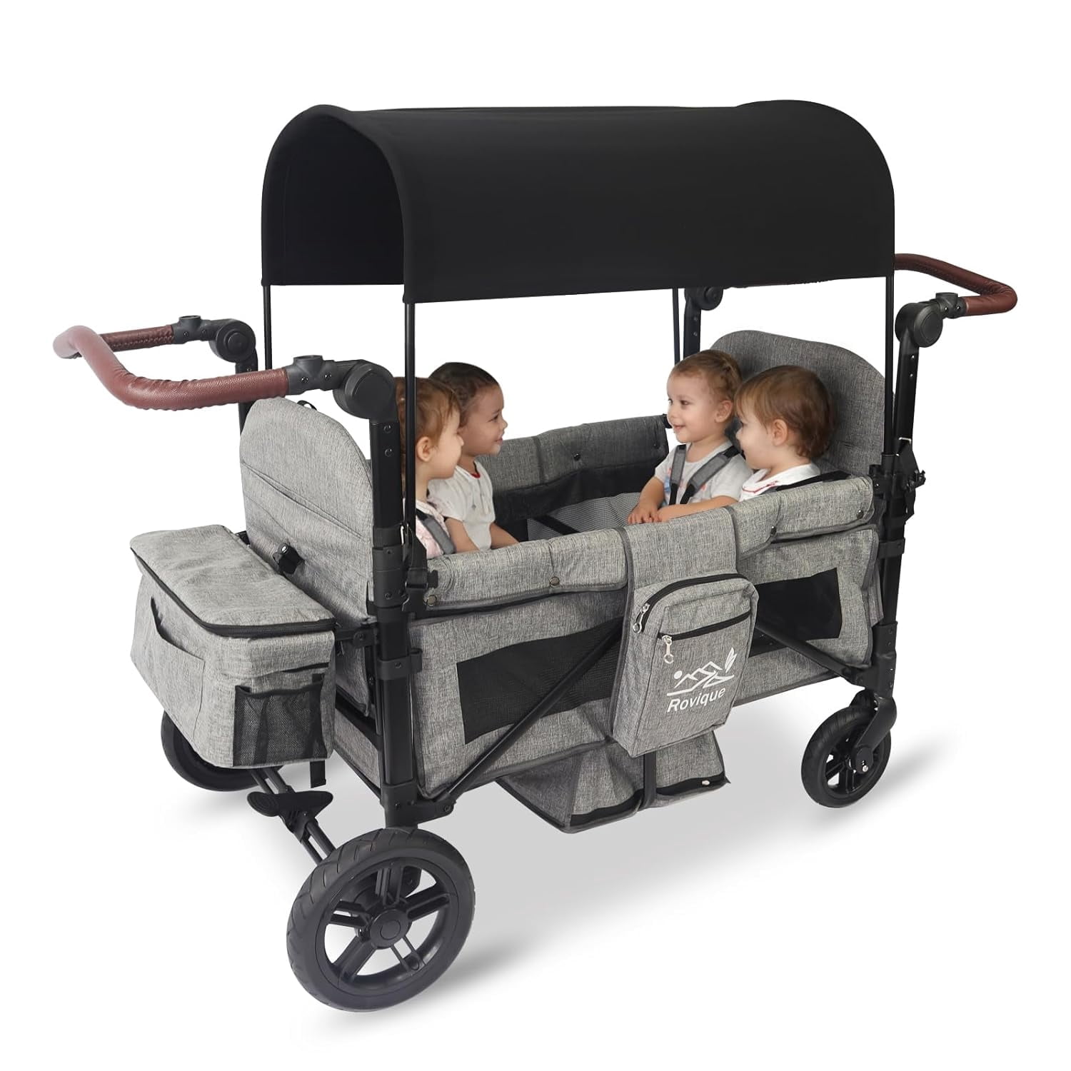 4 Seater Foldable Wagon Stroller, All-Terrain Aluminum Kids Wagon with Canopy, Adjustable Handle and Storage