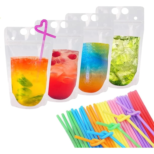 100 Bolsas de Bebidas con 100 Pajitas, Bolsas de Bebida Transparentes Reutilizables con Pajitas de Plástico, Bolsas de Jugo para Bebidas Frías y Calientes
