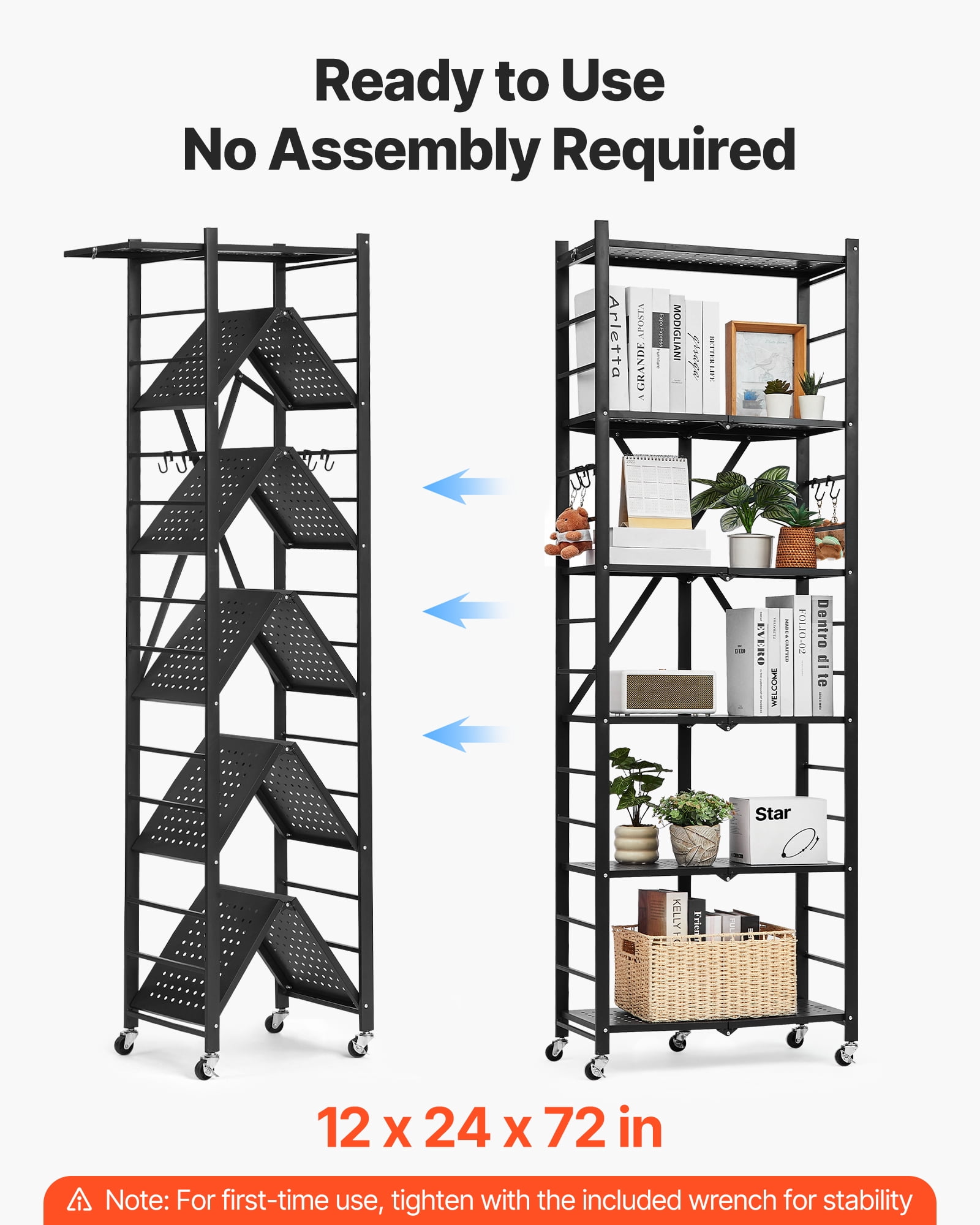 VEVOR 6-Tier Foldable Storage Shelf, 24W x 12D x 72H Inch Folding Metal Rack Shelving Unit, No Assembly Organizer Shelf with 5 Wheels & 4 Hooks for Pantry, Kitchen, Garage, Basement, Black