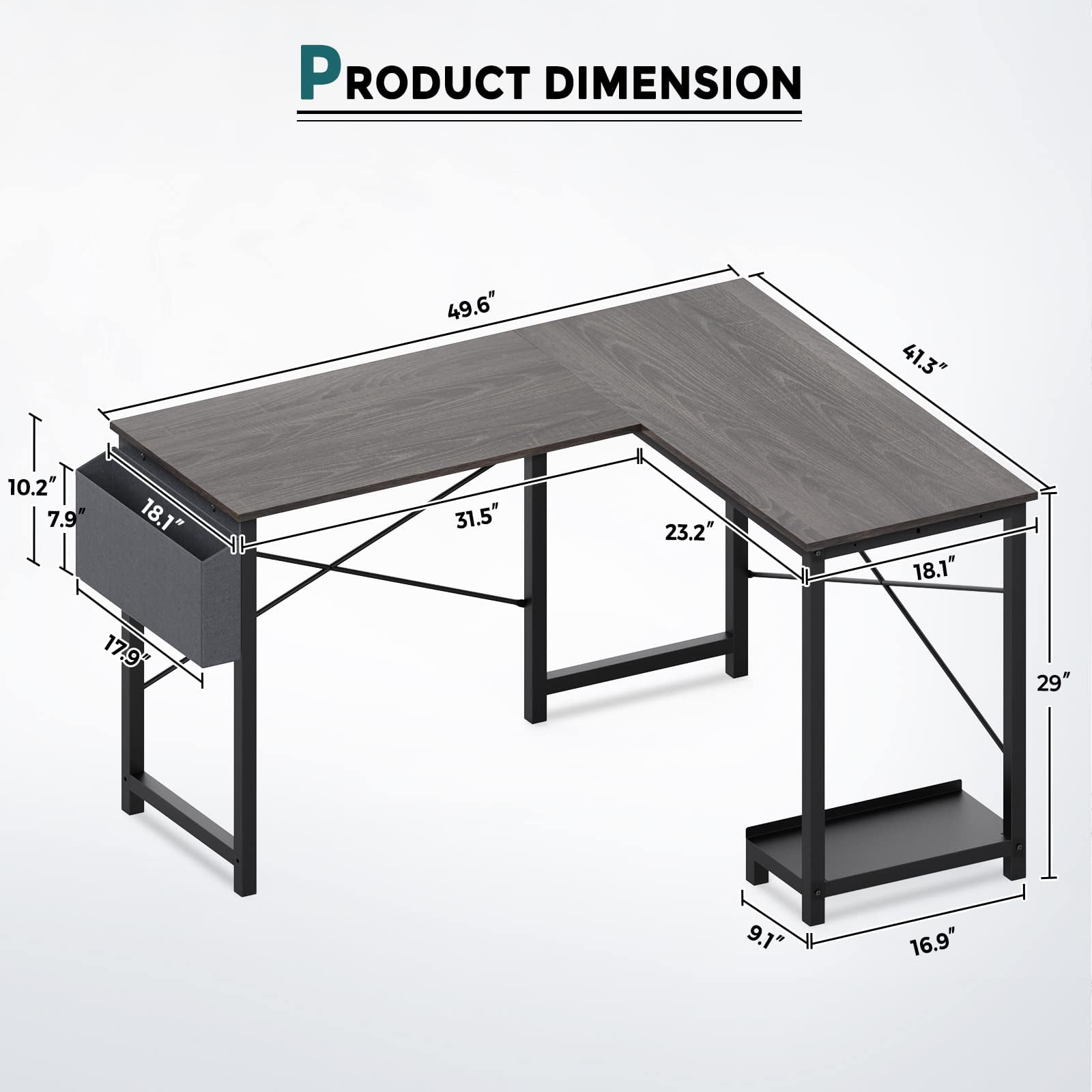 L Shaped Desk with Side Storage Bag and CPU Stand Shelf for Home Office Computer, 49 Inch, Grey Wood