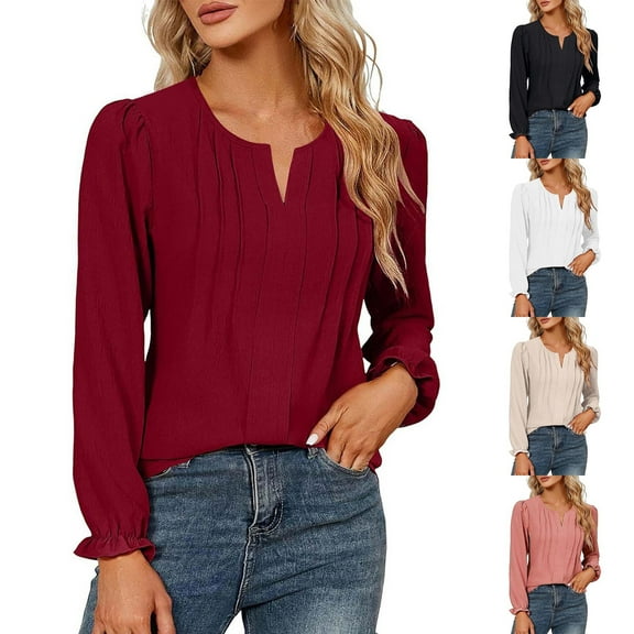 TKLPEHG Womens Business Casual Tops Fashion Long Sleeve Shirts V Neck Elegant Shirts Solid Color Pleated Dressy Tunic Tops (Beige,L)