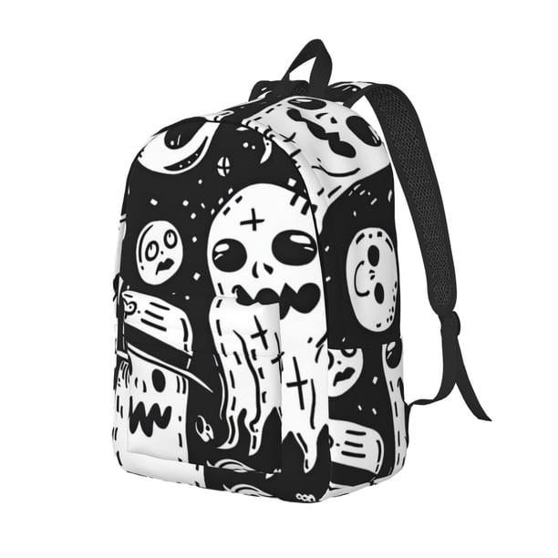 Disketp Black White Spooky Ghosts print Canvas Backpack Lightweight Travel Daypack Student Rucksack Laptop Backpack-Medium
