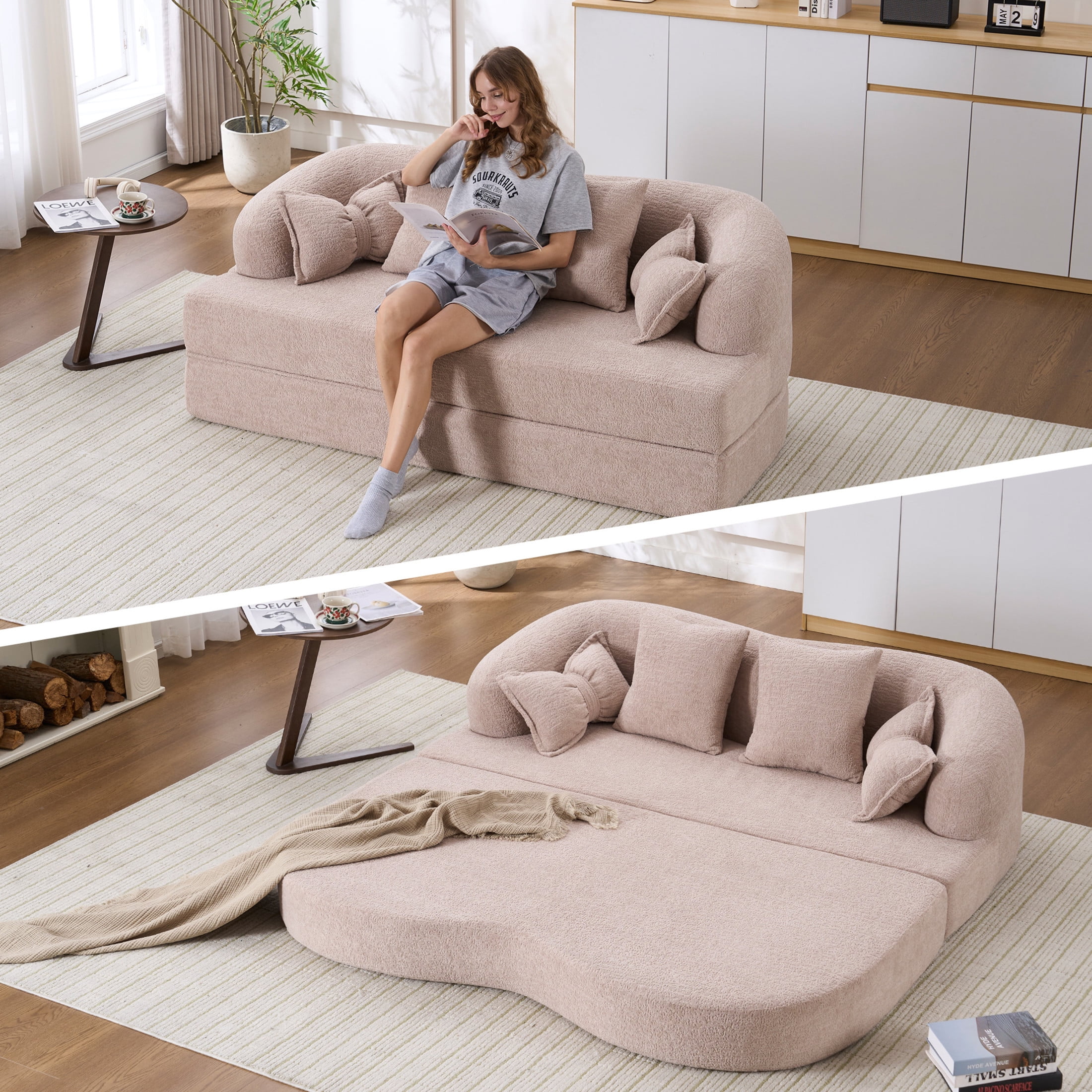 Noble House Erika 70" 2-in-1 Foldable Sofa Bed with Pillows, Boneless Chenille Convertible Sleeper Couch, Apricot