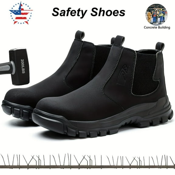 Men's heavy-duty steel-toe work boots - all-season safety shoes, featuring anti-tangling and anti-puncture midsoles, slip-resistant rubber outsoles and breathable uppers, laced high-top round