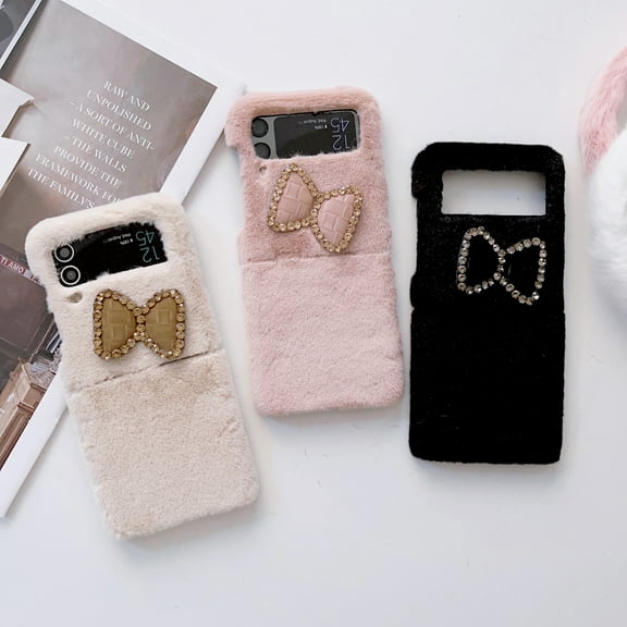 For Samsung Galaxy Z Flip4/Flip3 5G Phone Case，Shockproof Luxury Warm Plush Diamond bow Case Cover,PC Slim Stand Cover