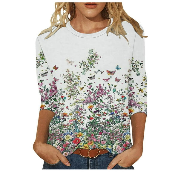 BangWanChi Shirts for Women Womens Fashion Printed T-shirt 3/4 Sleeves Blouse Round Neck Casual Tops