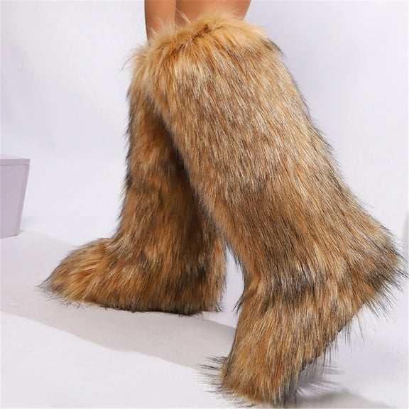 Women's Winter Fluffy Faux Fur Knee High Snow Boots Warm Plush Furry Outdoor Comfy Boots Y2K