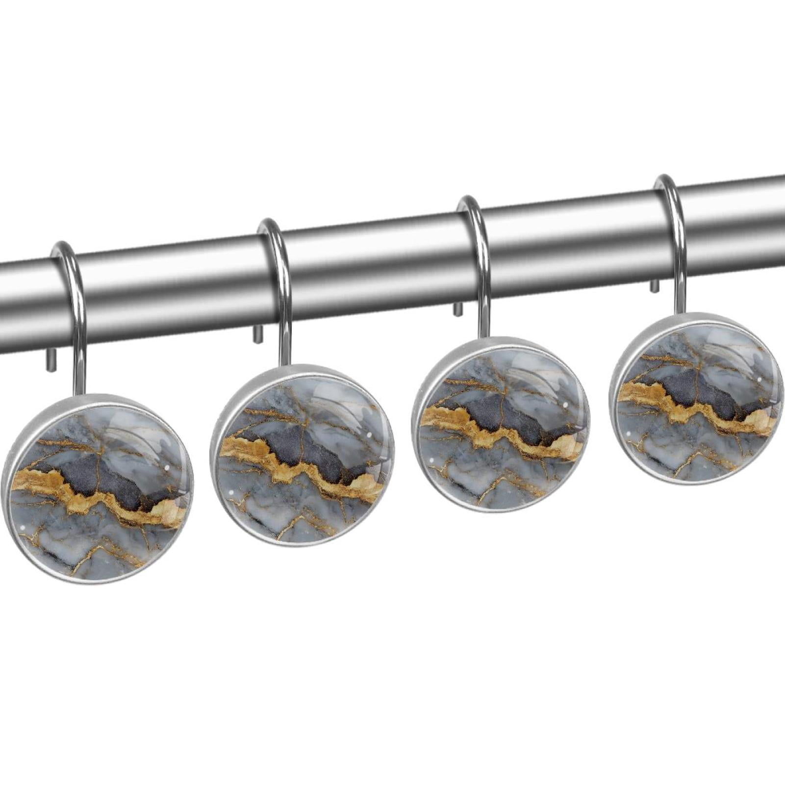 Gold Marble Shower Curtain Hooks Round Crystal Glass, Set of 12 Shower Curtain Rings - Shower Hooks for Curtain Shower Rings