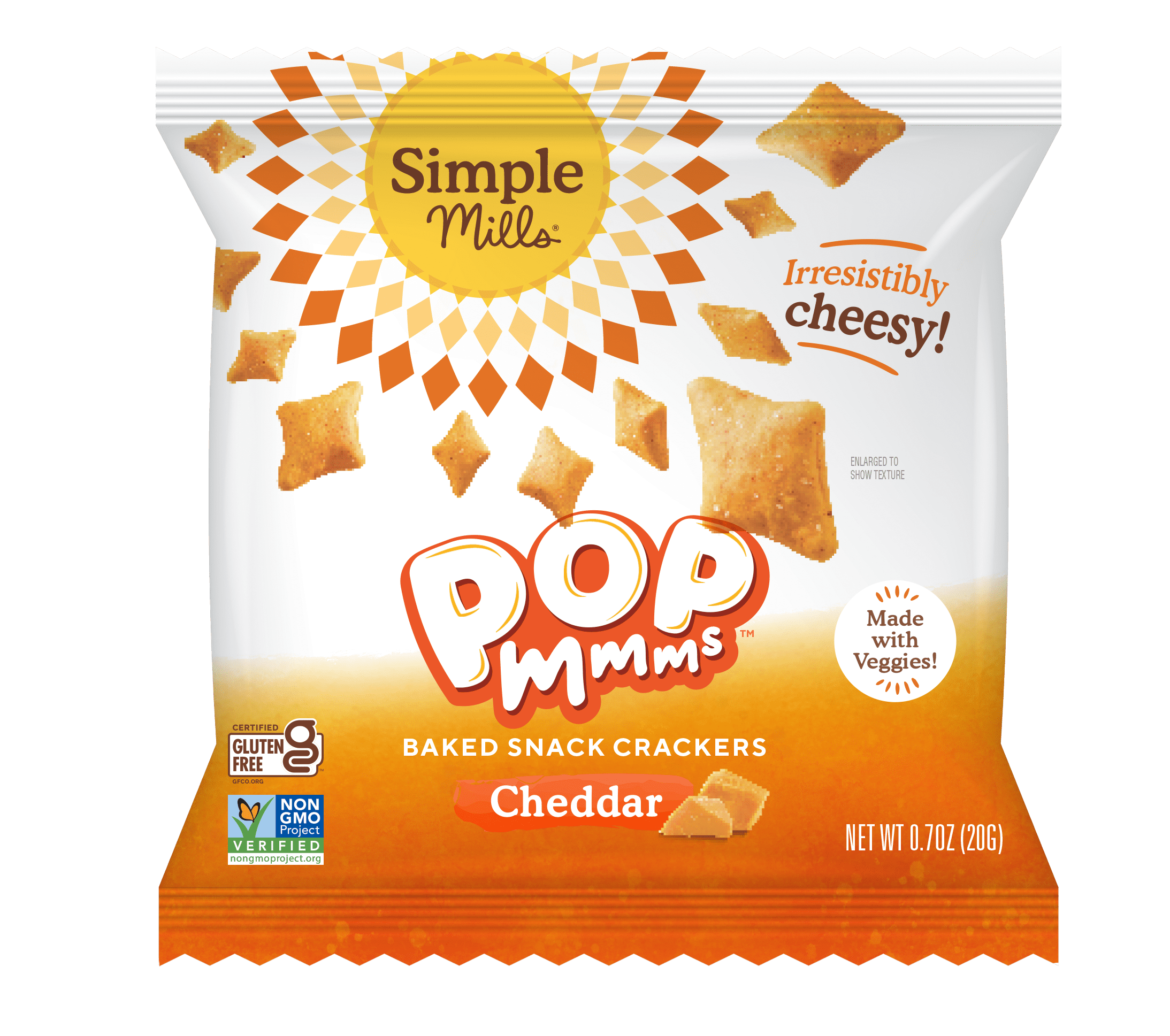 (4 pack) Simple Mills Pop Mmms Cheddar Veggie Flour Baked Snack Crackers Snack Pack, .7 oz, 8 pack