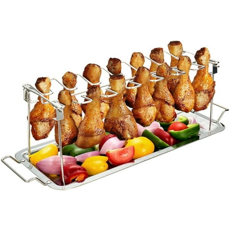 

Yirtree Chicken Leg Wing Rack 14 Slots Stainless Steel Metal Roaster Stand with/witnout Drip Tray for Smoker Grill or Oven Dishwasher Safe Non-Stick Great for BBQ Picnic