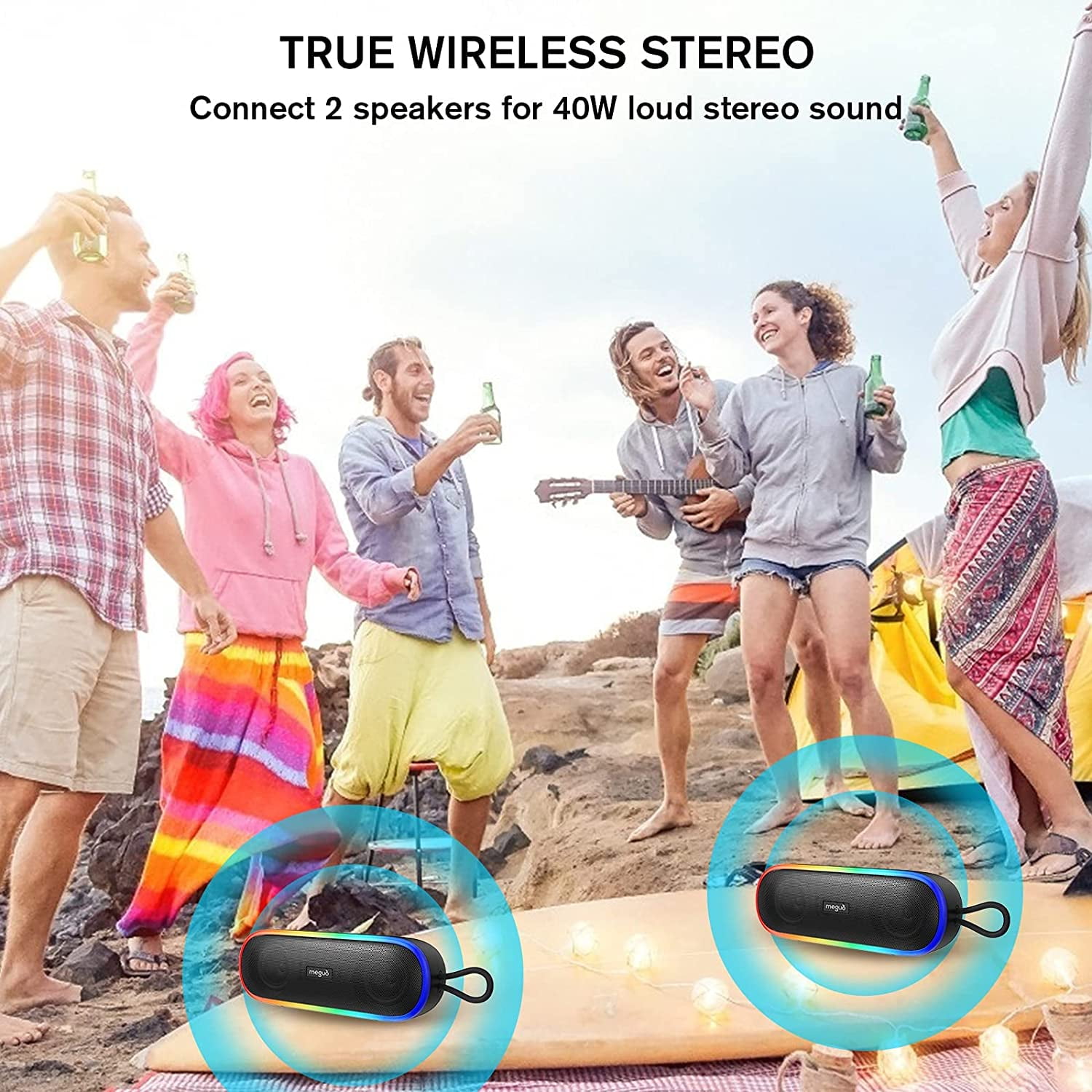 MEGUO Portable Bluetooth Speaker,Wireless Speakers with 20W Loud Stereo Sound & Bass+,IPX7 Waterproof,LED Light,24H Playtime,TWS for Outdoor Travel,Home Party,Pool,Beach,Hiking, Camping