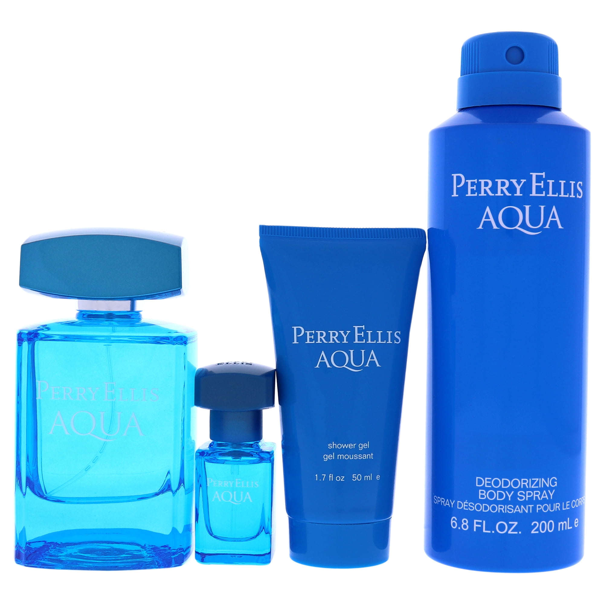 Perry Ellis Aqua by Perry Ellis for Men 4 Pc Gift Set 3.4oz EDT Spray 0.25oz EDT Spray 6.8oz Deodorizing Body Spray 1.7oz Shower Gel Walmart