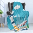 thumbnail image 4 of Airport Soft Flannel Fleece Throw Blanket, Nursery Themed Cartoon of Control Tower and Take Off Plane on City Silhouette, Cozy Plush for Indoor and Outdoor Use, 50" x 70", Multicolor, by Ambesonne, 4 of 5