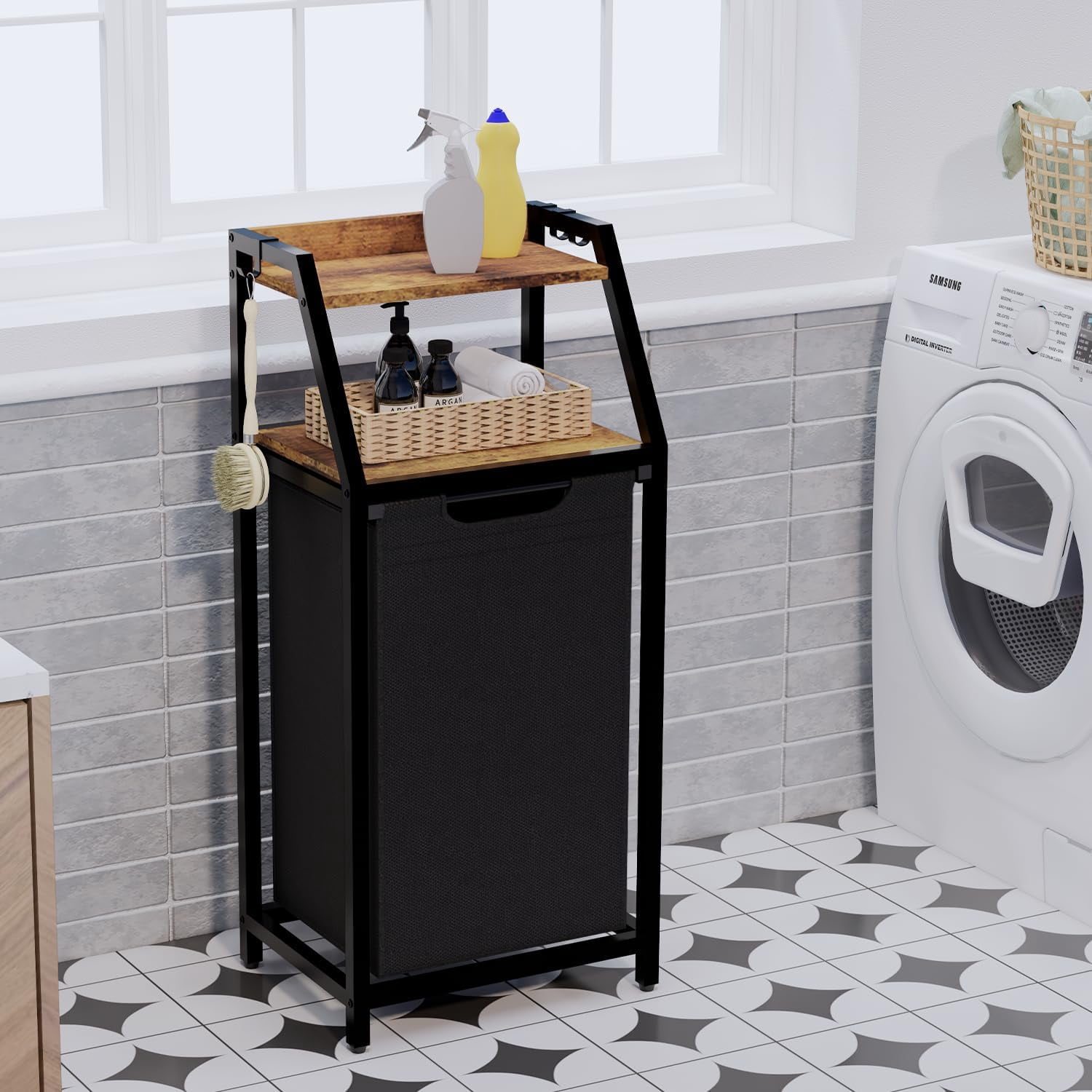 MX-Laundry Hamper, Laundry Sorter, Rolling Laundry Basket with Wheels, 2 Shelves, 18 Gal(68L), Pull-Out and Removable Oxford Fabric Bags, for Laundry Room, Black and Rustic Brown