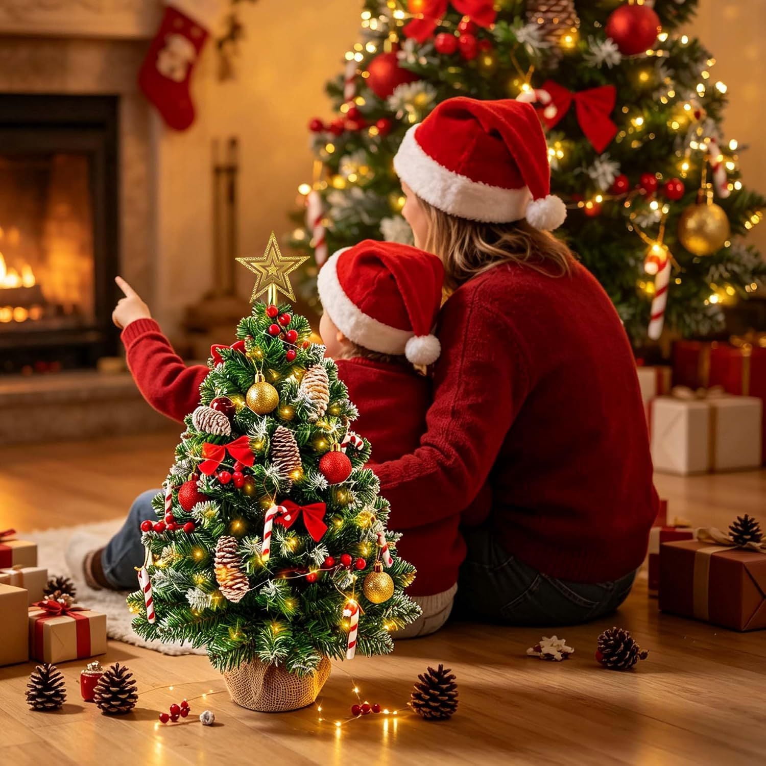 Pre-Lit Mini Christmas Tree with 30 LED Lights, Star Topper, Ornaments and Gift Boxes, 23 in Tabletop Holiday Decoration for Home, Office or Desk