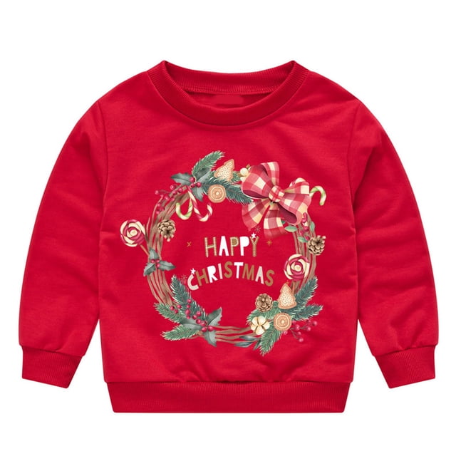 FYEGRE Chandail en Molleton de Noël pour Filles, Imprimé Lettre, Col Rond, Manches Longues, Rouge 2-3 Ans