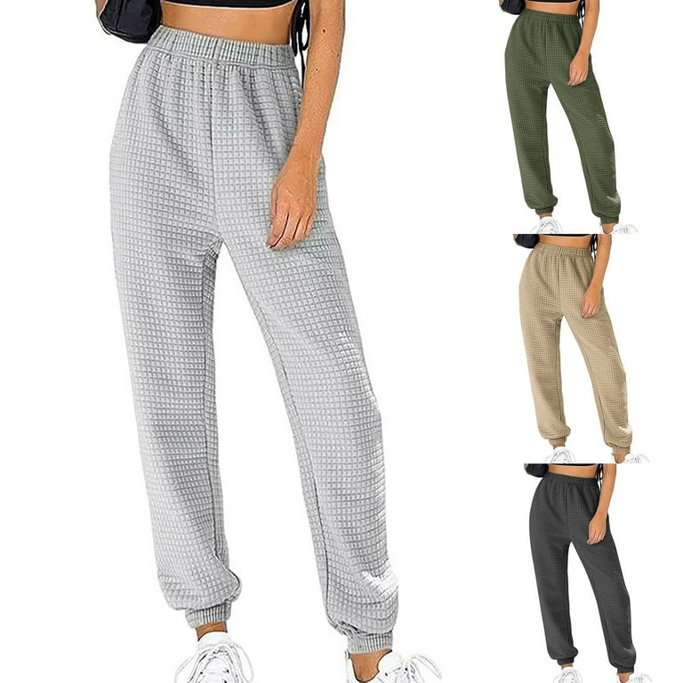 Women High Waisted Sweatpants Waffle Joggers Baggy Lounge Cinch Bottoms