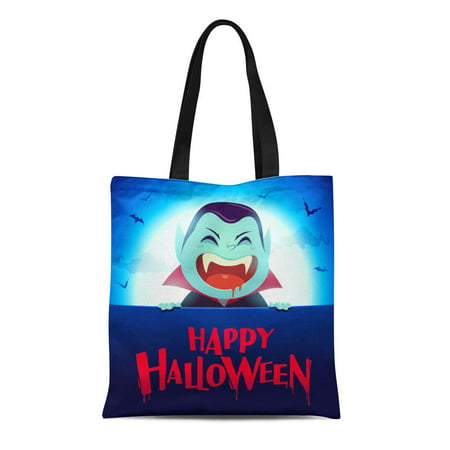 LADDKE Canvas Tote Bag Blue Happy Halloween Vampire Big Sign in the Moonlight Durable Reusable Shopping Shoulder Grocery Bag