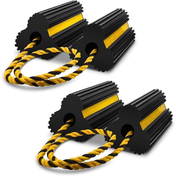 2 Pairs Wheel Chocks Heavy-Duty Rubber Wheel Block Non-Slip Base with Nylon Rope Yellow Reflective Tape - 4 Pack Wheel Stopper for Travel Trailers, Car, Camper, Truck, Black