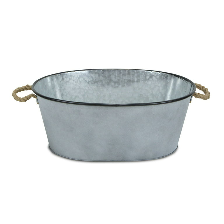 Cheungs Large Oval Galvanized Metal Bucket With Rope Handle And Black Rim