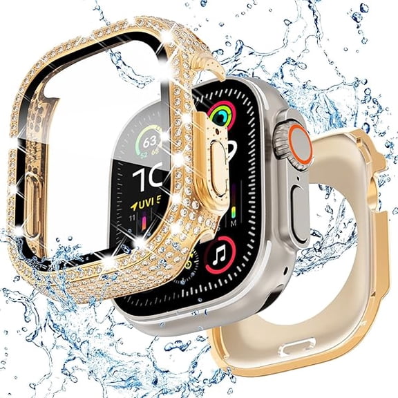 wonima01 2 in 1 Bling Waterproof Case for Apple Watch Ultra 3 2 1 49mm, 360 Protective PC Cover Front & Back with Tempered Glass Screen Protector, [Full Diamond] Watch Case for Women, Rose Gold