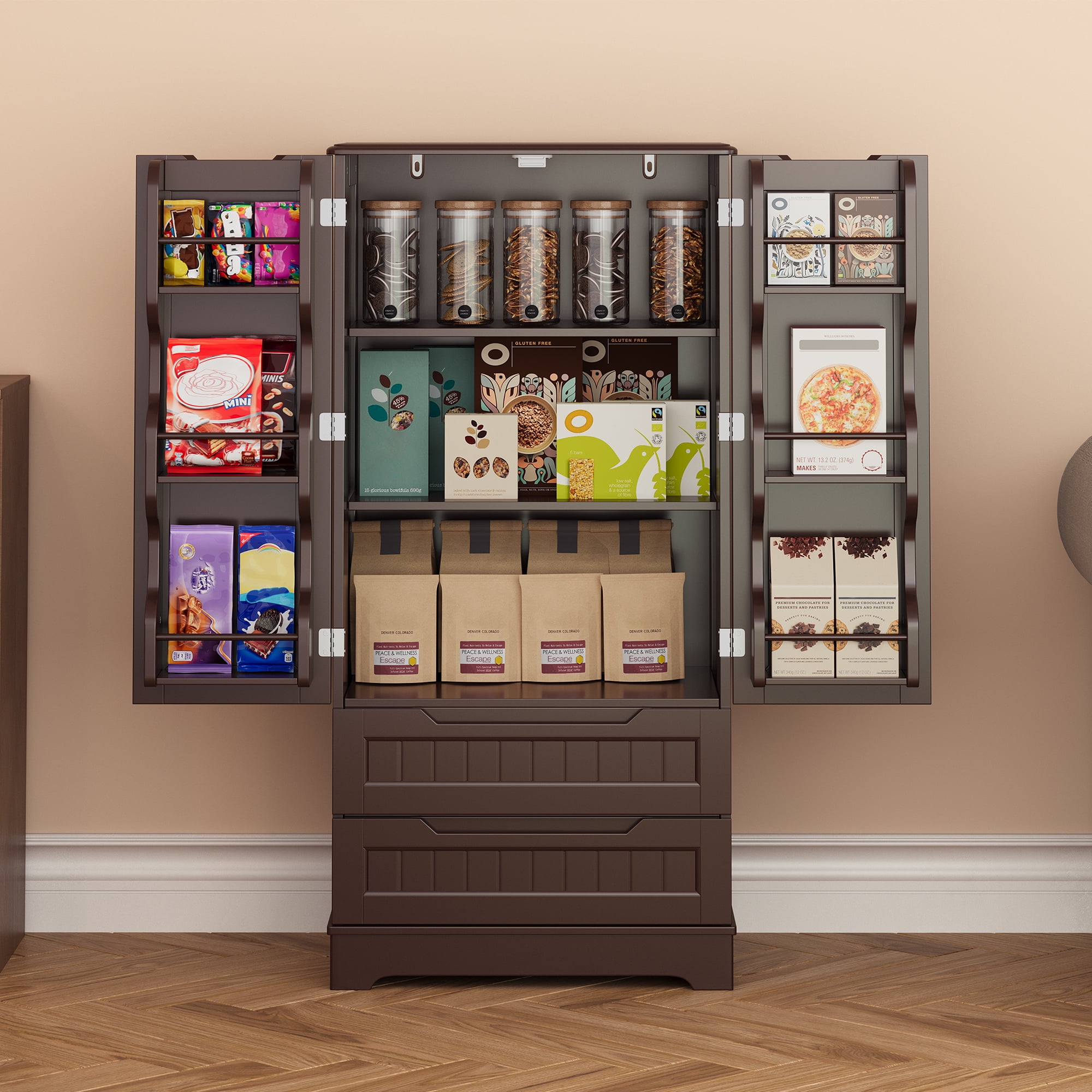 63'' Large Kitchen Pantry Cabinet with Drawers, Noelse Pantry Storage Cabinets with 2 Doors and 3 Shelves for Kitchen Dining Room and Living Room, Dark Brown