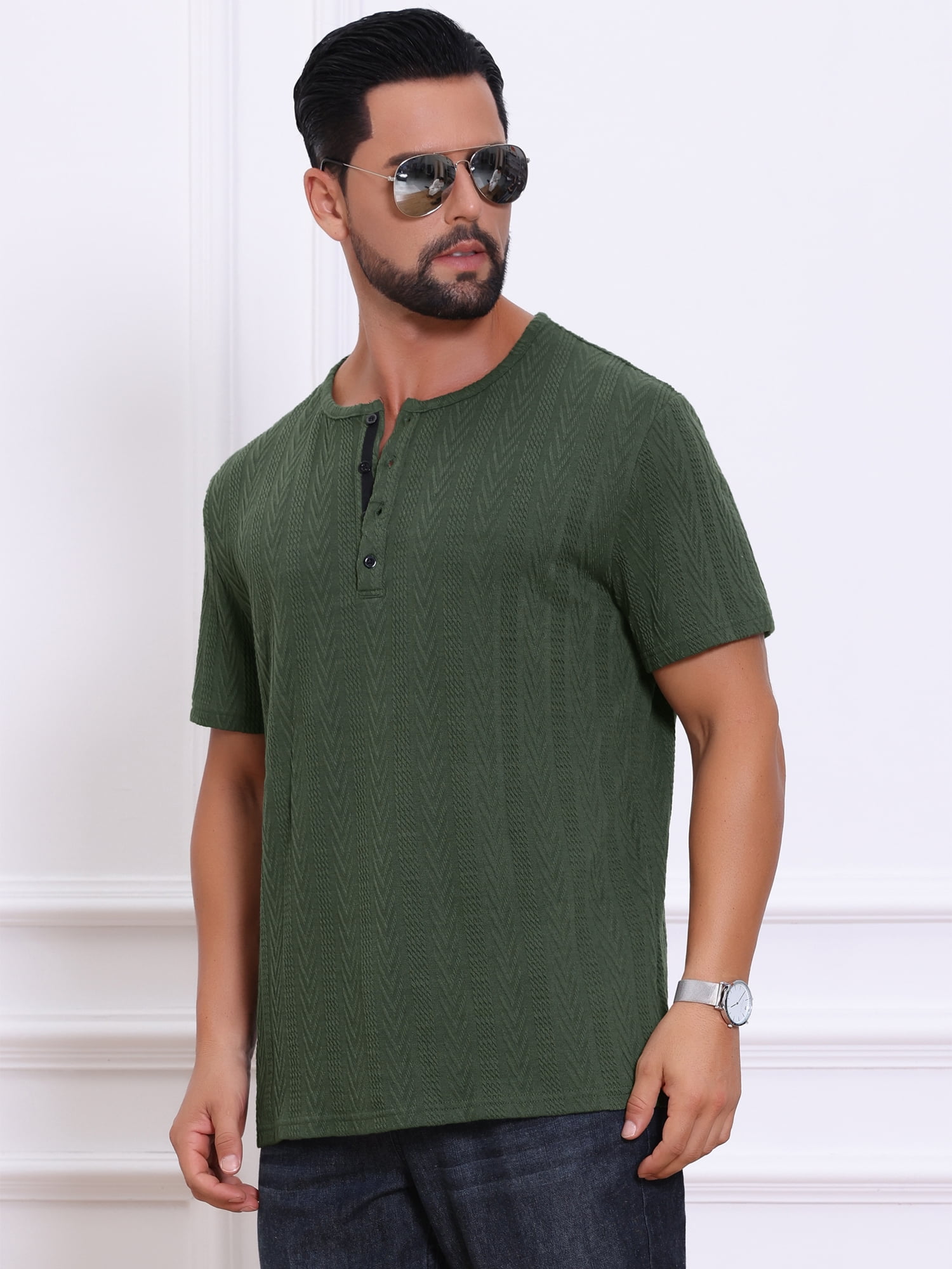 DARING DIVA Men's Henley Short Sleeve Button Down Jacquard Knitted T-Shirt M Green