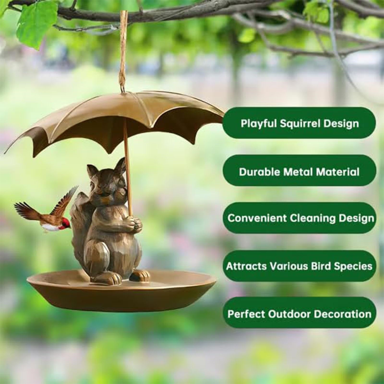 Animal And Girl And Umbrella Bird Feeder, Hummingbird Feeder Umbrella, Bird Feeders for Outdoors, Hanging Bird Feeder Set with Metal Chain Umbrella (Squirrel, Resin)