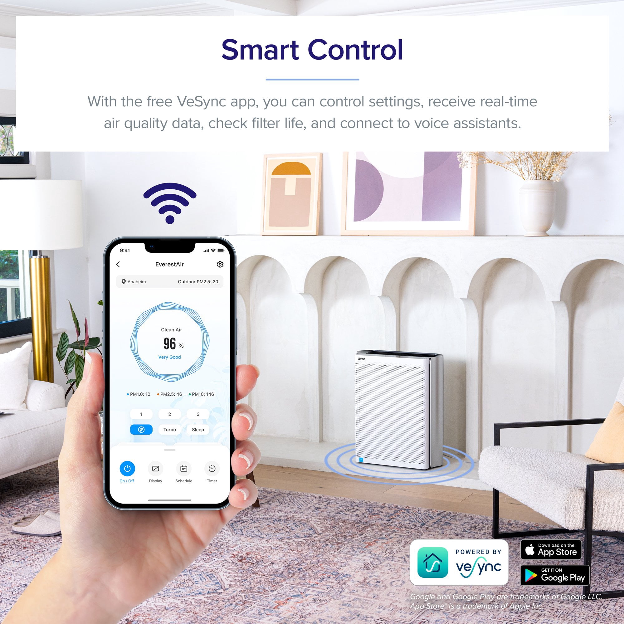 Levoit Air Purifier for Extra-Large Rooms (1395 Sq. Ft), Smart Air Cleaner with PM1/PM2.5/PM10 Monitor, EverestAir™, White / Black