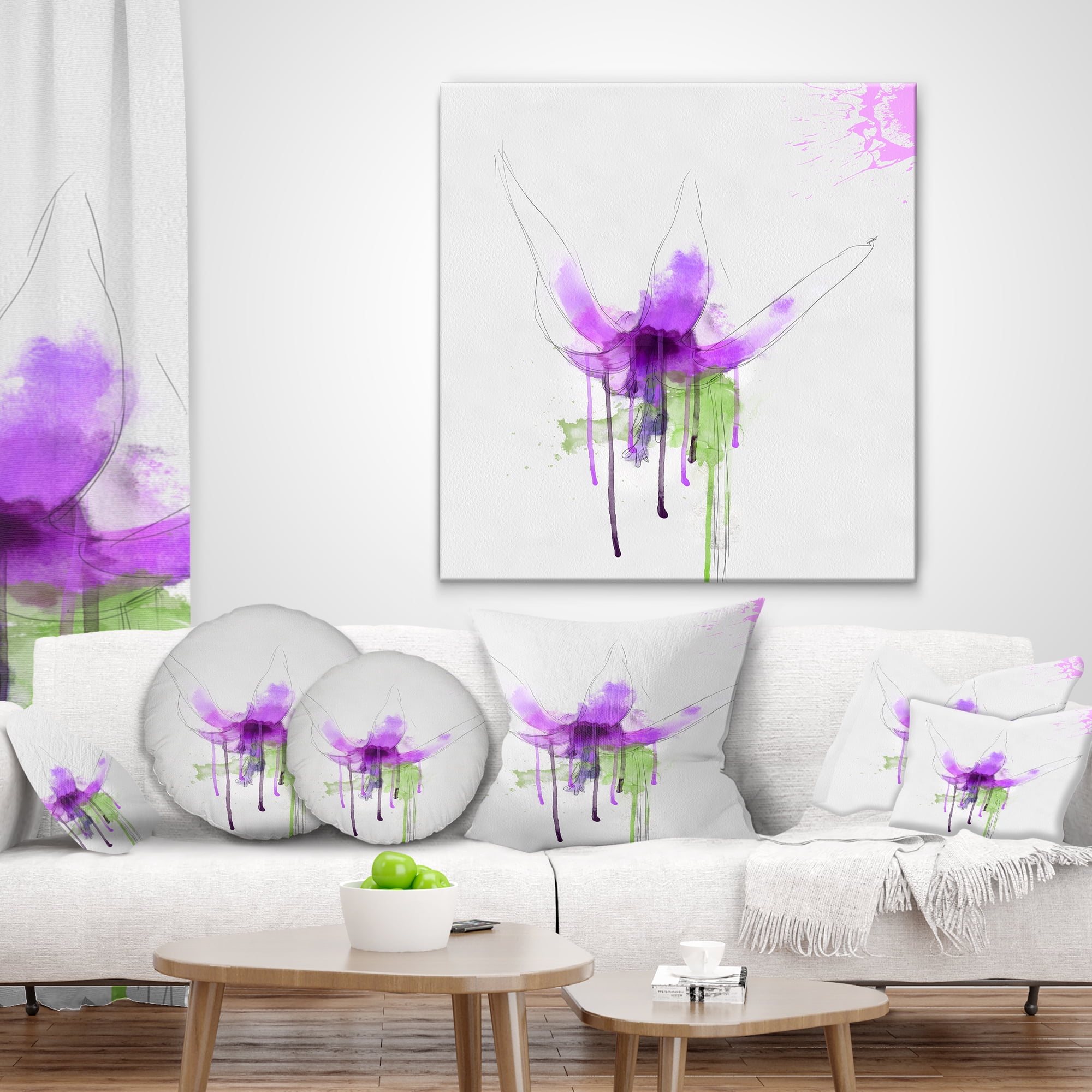 Designart Purple Flower with Green Splash - Floral Throw Pillow - 18x18