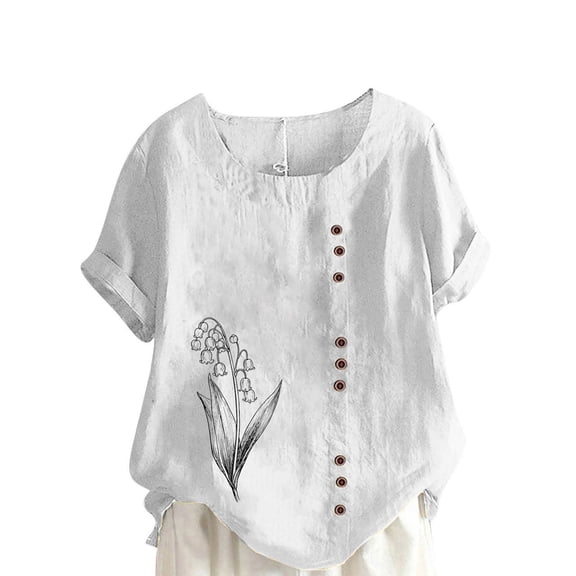XUNKUSGA Cotton Linen women's t-shirts Classic Crew Neck Tops for Women Loose Casual Roll Up Short Sleeve going out tops Trendy Cute Floral Print Summer Blouses S-5XL,White
